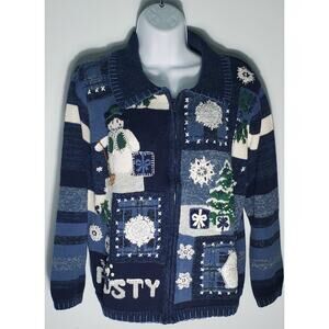 Vintage Fashion Bug Frosty the Snowman Blue Winter Sweater Size Small Festive